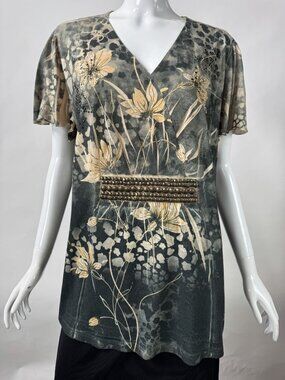 B.L.E.U. Womens 1X Embellished Floral Tunic Top Short Sleeve V-Neck Lightweight